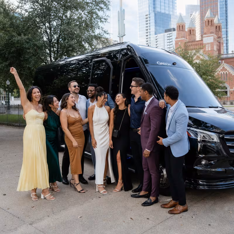 Group boarding a white charter bus for Bachelor & Bachelorette Transportation transportation in Dallas