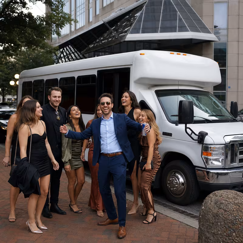 Black Mercedes Sprinter van staged for an Dallas Bachelor & Bachelorette Transportation group
