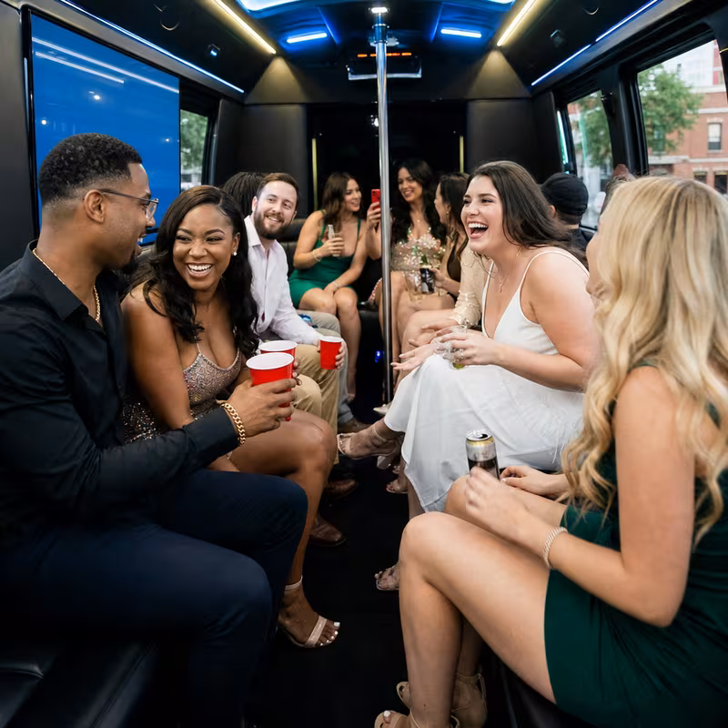Party bus interior with wraparound leather seating and LED lighting in Dallas