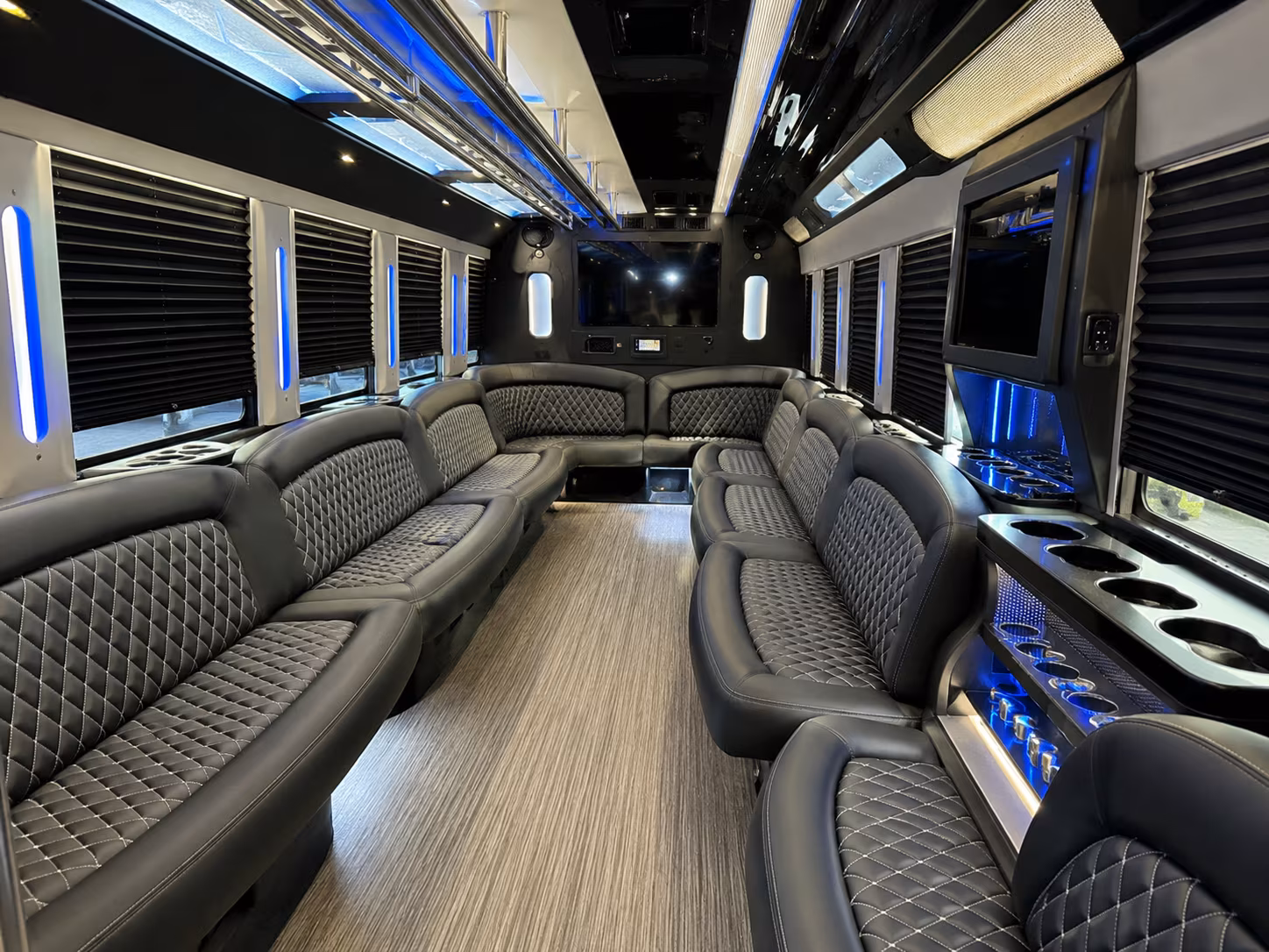 Passenger seating aboard a party bus rental serving Dallas