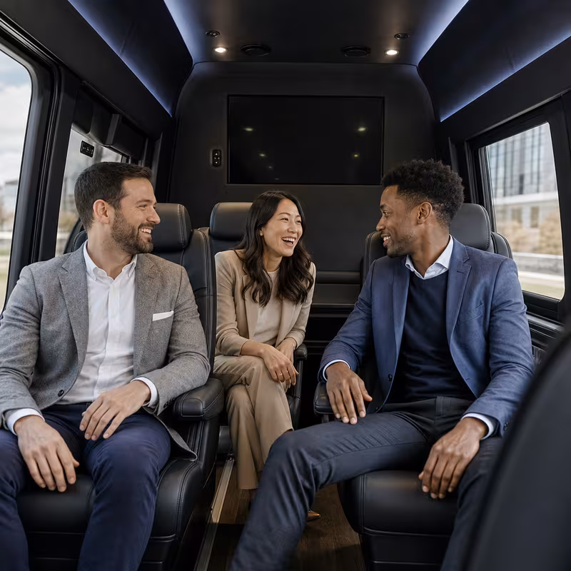 Group boarding a white charter bus for Corporate Transportation transportation in Dallas