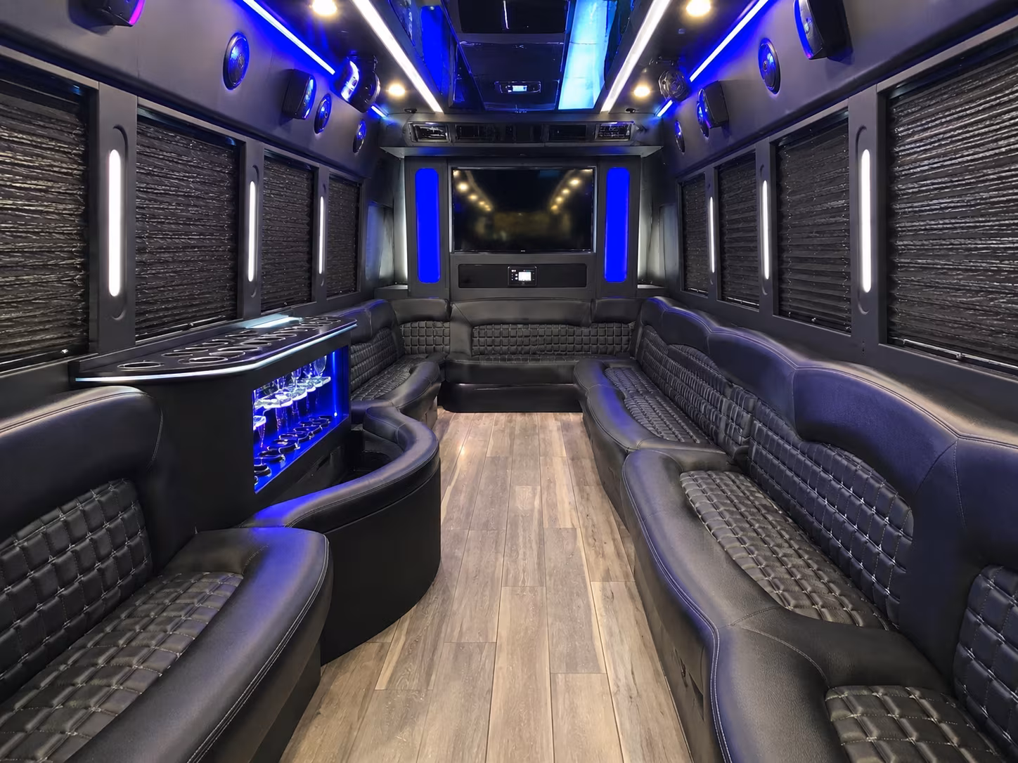 Interior of a party bus rental serving Dallas
