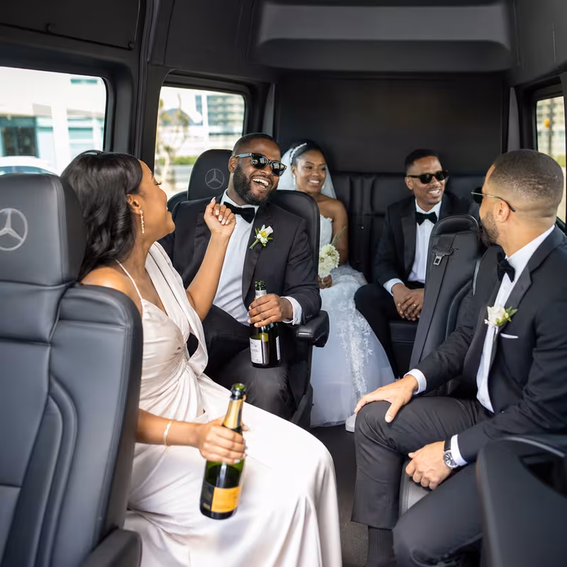 Black Mercedes Sprinter van staged for an Dallas Wedding Transportation group